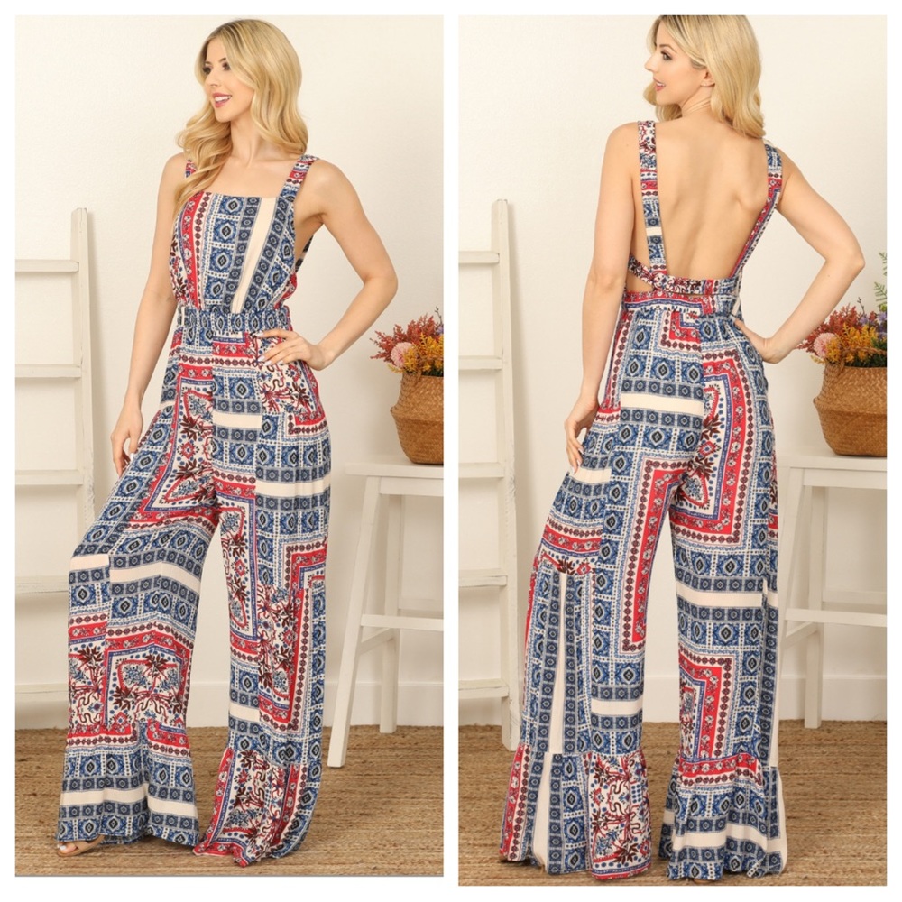 Boutique mixed print boho wife leg jumpsuit